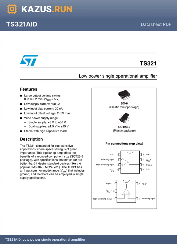 TS321AID datasheet - Low power single operational amplifier