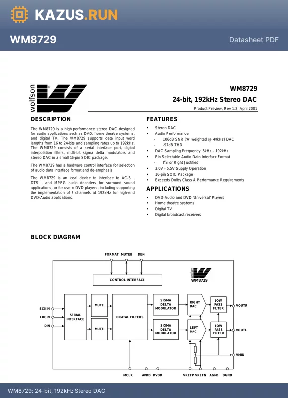 WM8729 datasheet - 24-bit, 192kHz Stereo DAC