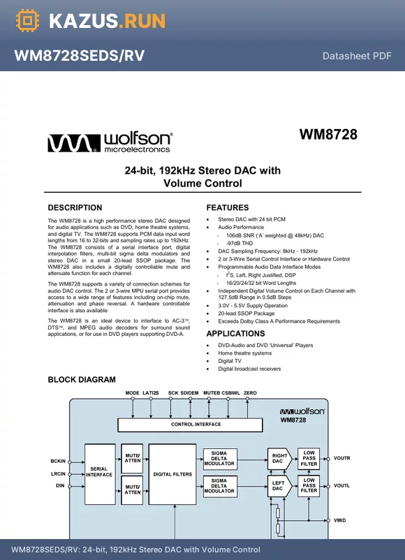 WM8728SEDS/V datasheet - 24-bit, 192kHz Stereo DAC with Volume Control