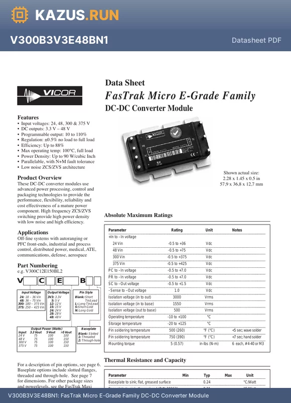V24C12E375BL1 datasheet - FasTrak Micro E-Grade Family DC-DC Converter Module