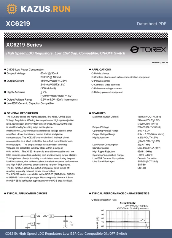 XC6219A112PL datasheet - High Speed LDO Regulators Low ESR Cap Compatible ON/OFF Switch