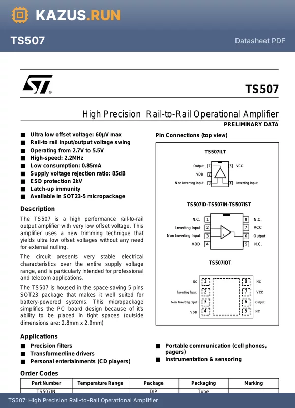 TS507ILT datasheet - High Precision Rail-to-Rail Operational Amplifier