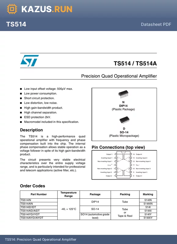 TS514AIN datasheet - Precision Quad Operational Amplifier
