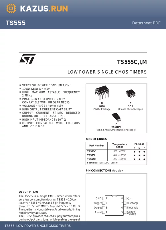 TS555M datasheet - LOW POWER SINGLE CMOS TIMERS