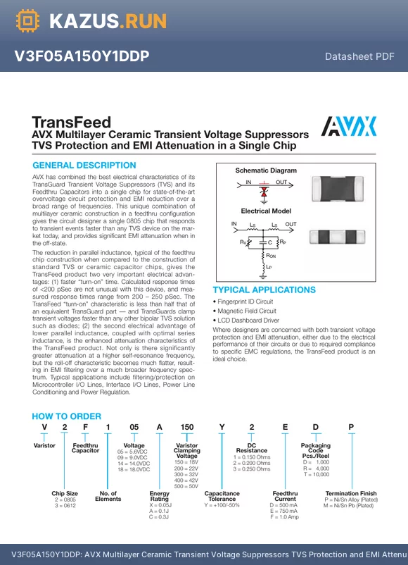 V2F09X150Y2ERP datasheet - AVX Multilayer Ceramic Transient Voltage Suppressors TVS Protection and EMI Attenuation in a Single Chip