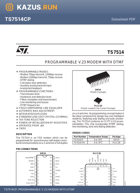 TS7514CFN datasheet - PROGRAMMABLE V.23 MODEM WITH DTMF
