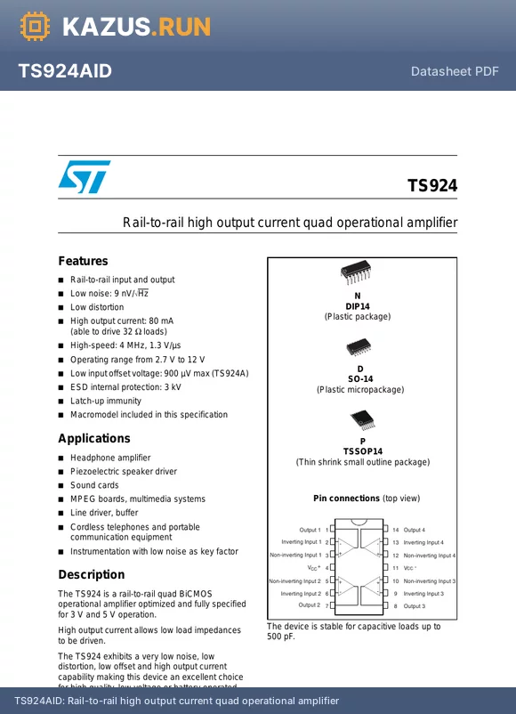 TS924IPT datasheet - Rail-to-rail high output current quad operational amplifier
