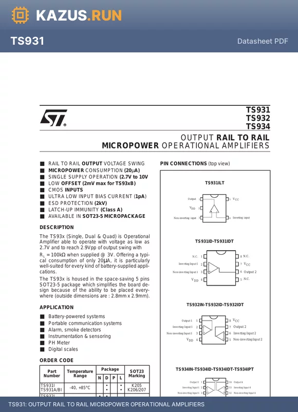 TS931ILT datasheet - OUTPUT RAIL TO RAIL MICROPOWER OPERATIONAL AMPLIFIERS