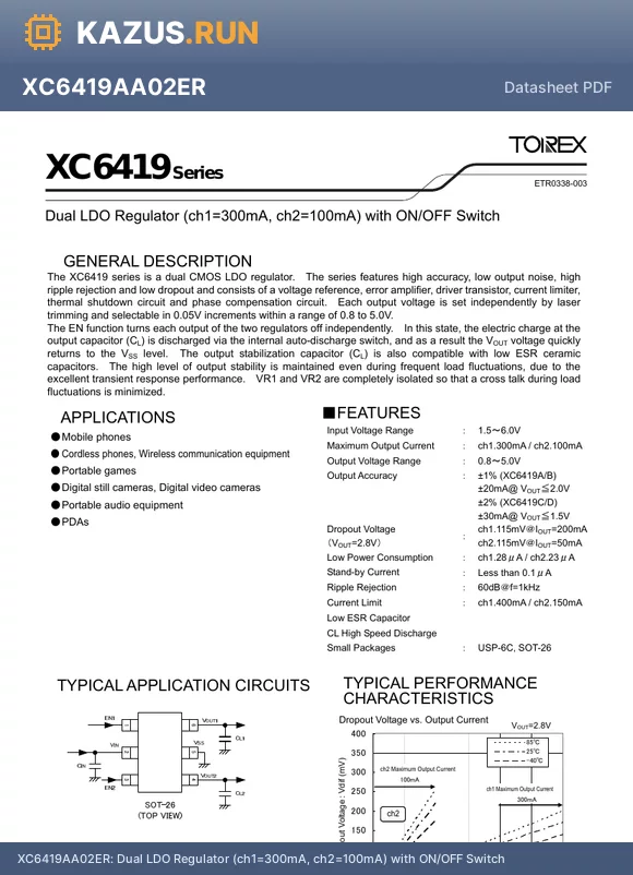 XC6419DD11MR datasheet - Dual LDO Regulator (ch1=300mA, ch2=100mA) with ON/OFF Switch