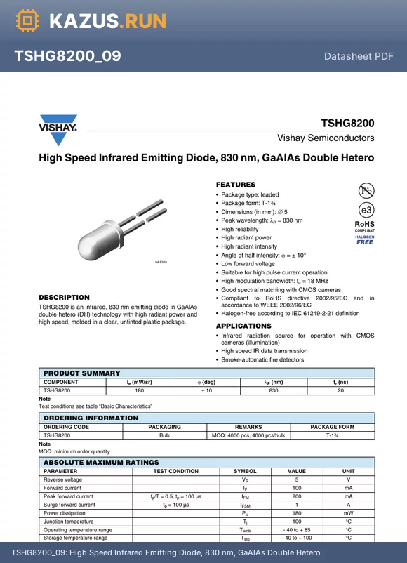TSHG8200 datasheet - High Speed Infrared Emitting Diode, 830 nm, GaAlAs Double Hetero