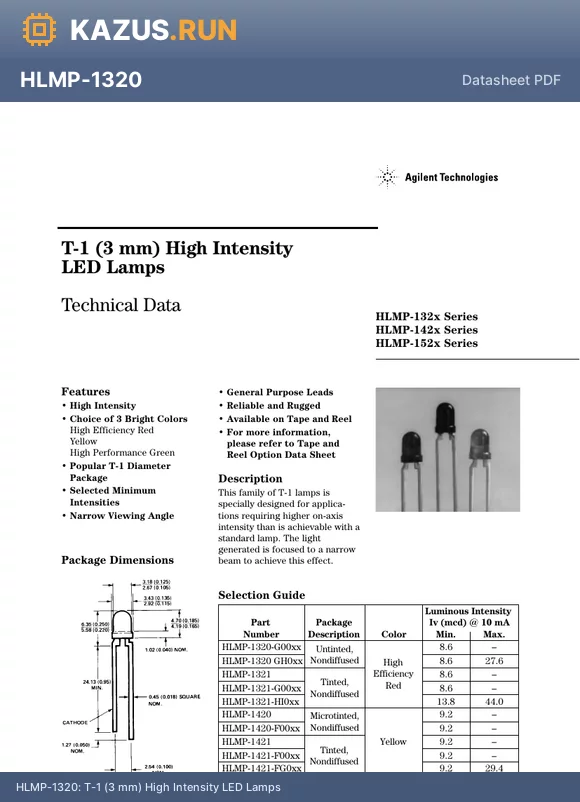 HLMP-1521-OR000 datasheet - T-1 (3 mm) High Intensity LED Lamps