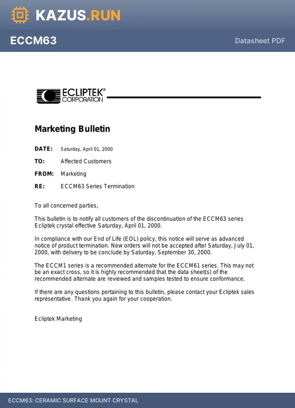 ECCM63-35000M datasheet - CERAMIC SURFACE MOUNT CRYSTAL