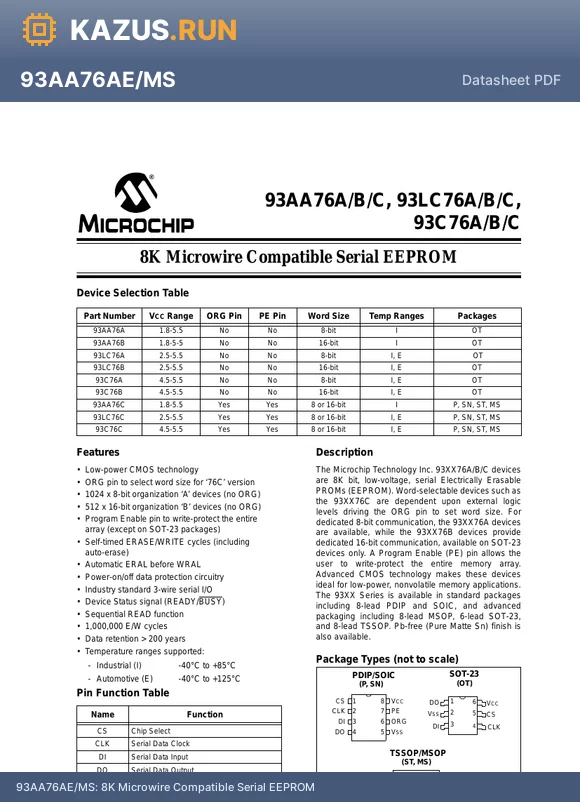 93C76AI/MSG datasheet - 8K Microwire Compatible Serial EEPROM