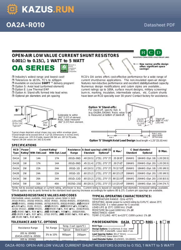 OA2AA16-R01 datasheet - OPEN-AIR LOW VALUE CURRENT SHUNT RESISTORS 0.001Y to 0.15Y, 1 WATT to 5 WATT