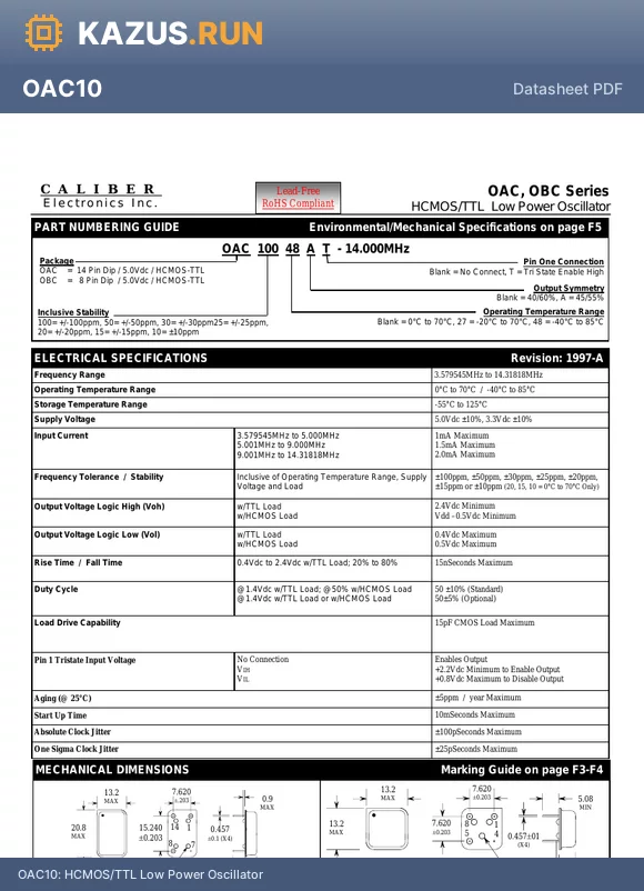 OAC1027T datasheet - HCMOS/TTL Low Power Oscillator