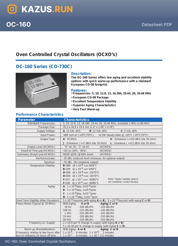 OC-160BKB-109AA-10 datasheet - Oven Controlled Crystal Oscillators
