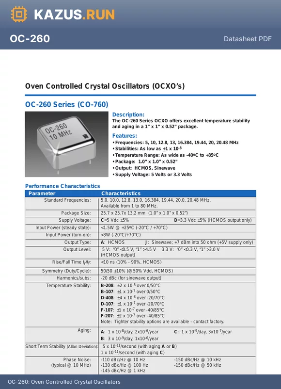 OC-260-CAF-207CA-20 datasheet - Oven Controlled Crystal Oscillators