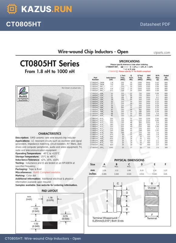 CT0805HT-R82G datasheet - Wire-wound Chip Inductors - Open