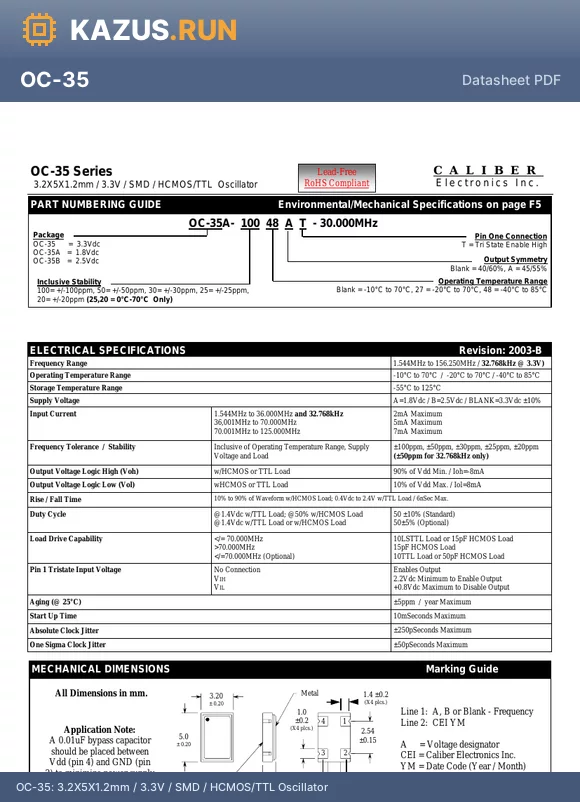OC-35A-3027 datasheet - 3.2X5X1.2mm / 3.3V / SMD / HCMOS/TTL Oscillator
