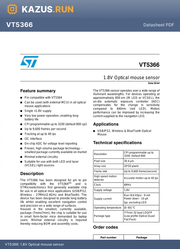 VT5366V032 datasheet - 1.8V Optical mouse sensor