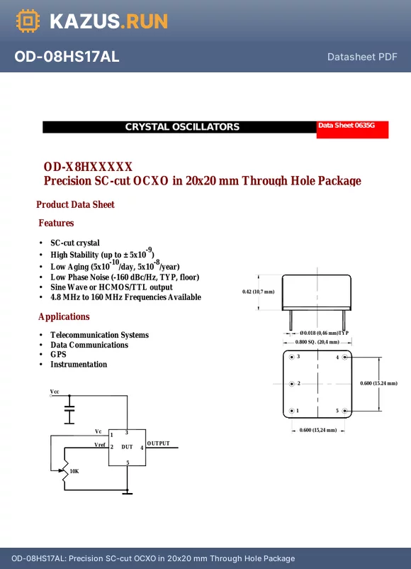 OD-08HTYZFL datasheet - Precision SC-cut OCXO in 20x20 mm Through Hole Package