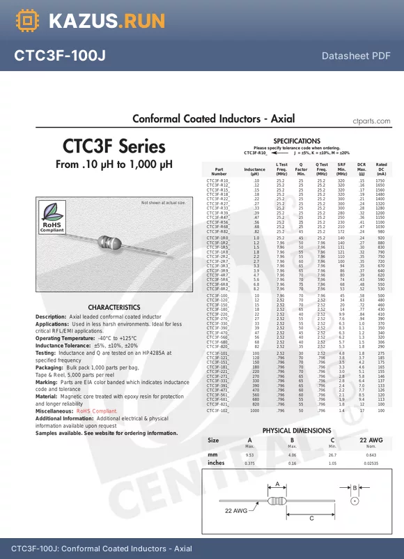 CTC3F-R12M datasheet - Conformal Coated Inductors - Axial