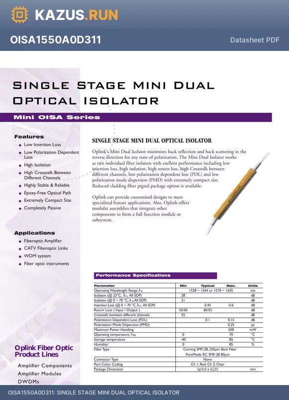 OISA1585P0D381 datasheet - SINGLE STAGE MINI DUAL OPTICAL ISOLATOR