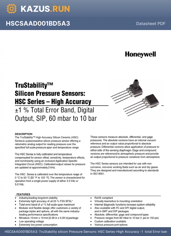 HSCSNND2.5BC4A3 datasheet - TruStability silicon Pressure Sensors: HSC Series-High Accuracy -1% total Error band,Analog output,SIP,60 mbar to,10 bar