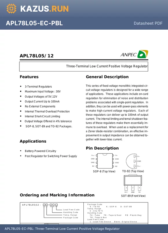 APL78L05-DC-TBL datasheet - Three-Terminal Low Current Positive Voltage Regulator