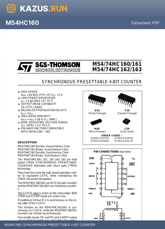 M54HC161B1R datasheet - SYNCHRONOUS PRESETTABLE 4-BIT COUNTER