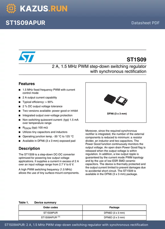 ST1S09 datasheet - 2 A, 1.5 MHz PWM step-down switching regulator with synchronous rectification