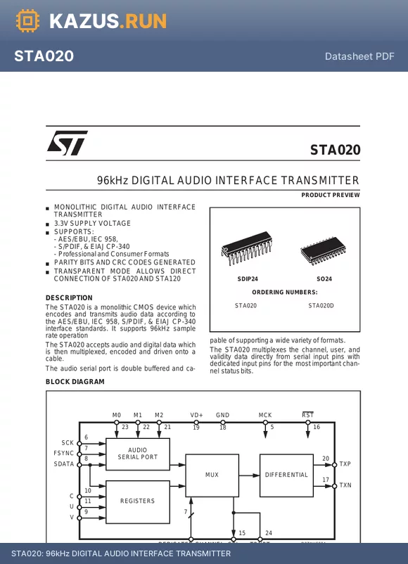 STA020D datasheet - 96kHz DIGITAL AUDIO INTERFACE TRANSMITTER