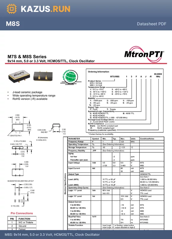 M8S55TCJ-R datasheet - 9x14 mm, 5.0 or 3.3 Volt, HCMOS/TTL, Clock Oscillator