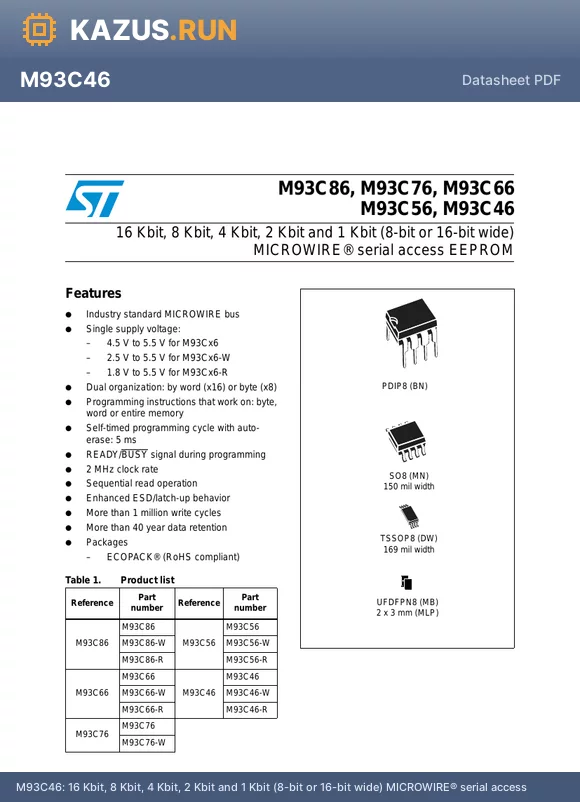 M93C56-MB6TP/S datasheet - 16 Kbit, 8 Kbit, 4 Kbit, 2 Kbit and 1 Kbit (8-bit or 16-bit wide) MICROWIRE^ serial access EEPROM