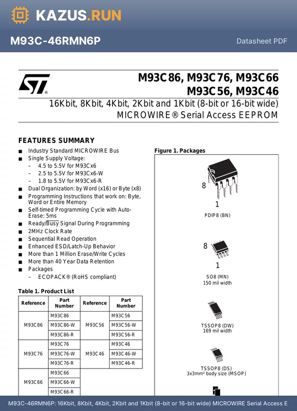 M93C56-RMN6G datasheet - 16Kbit, 8Kbit, 4Kbit, 2Kbit and 1Kbit (8-bit or 16-bit wide) MICROWIRE Serial Access EEPROM