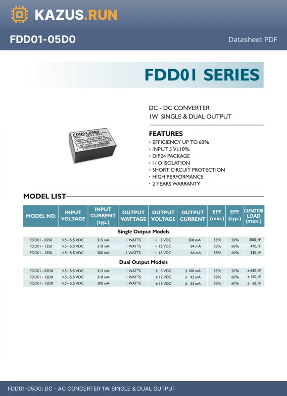 FDD01-12S0 datasheet - DC - AC CONCERTER 1W SINGLE & DUAL OUTPUT