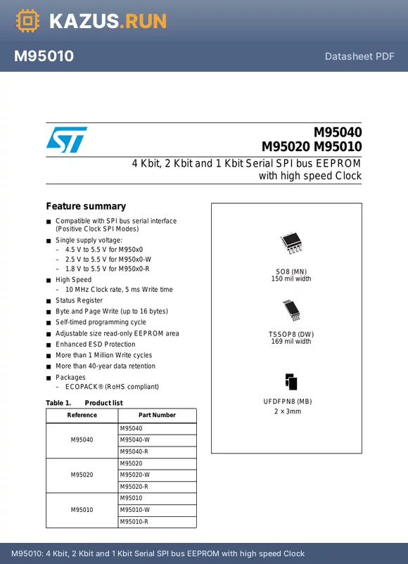 M95040-RMB6P/G datasheet - 4 Kbit, 2 Kbit and 1 Kbit Serial SPI bus EEPROM with high speed Clock