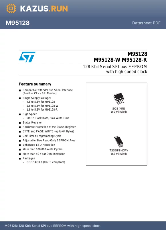 M95128-R datasheet - 128 Kbit Serial SPI bus EEPROM with high speed clock