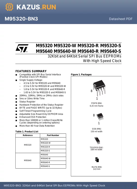 M95320-RBN6TG datasheet - 32Kbit and 64Kbit Serial SPI Bus EEPROMs With High Speed Clock