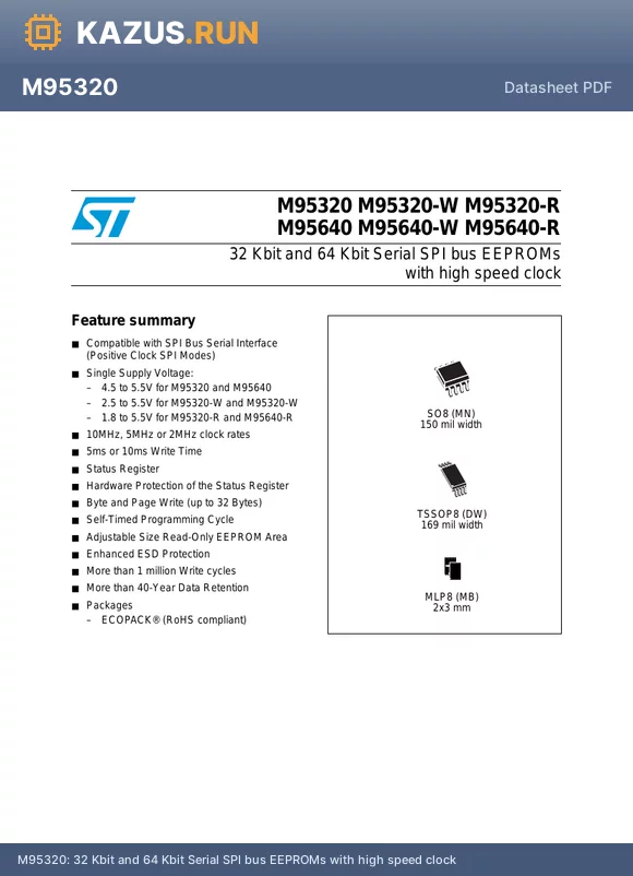 M95640-RMB6P datasheet - 32 Kbit and 64 Kbit Serial SPI bus EEPROMs with high speed clock