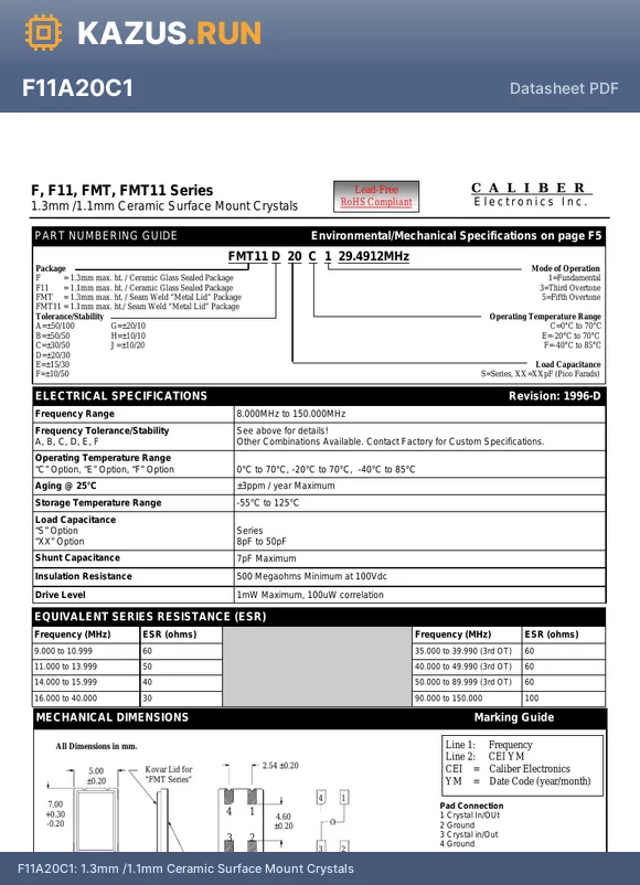 FMTF20C3 datasheet - 1.3mm /1.1mm Ceramic Surface Mount Crystals