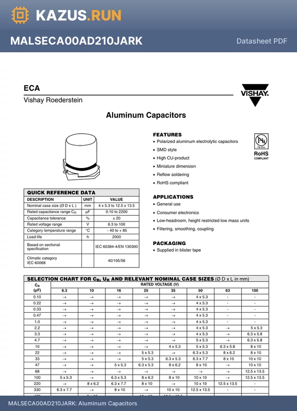 MALSECA00AG410CARK datasheet - Aluminum Capacitors
