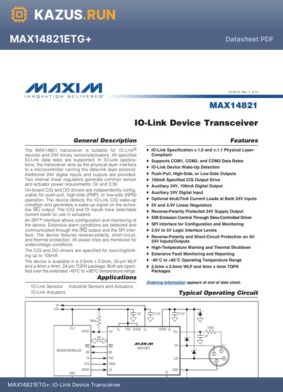 MAX14821EWA+ datasheet - IO-Link Device Transceiver