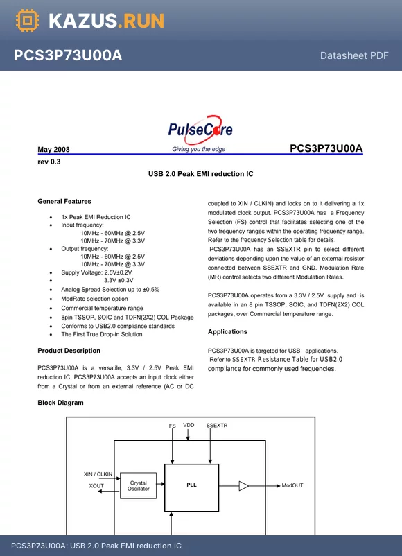 PCS3P73U00AG-08-SR datasheet - USB 2.0 Peak EMI reduction IC