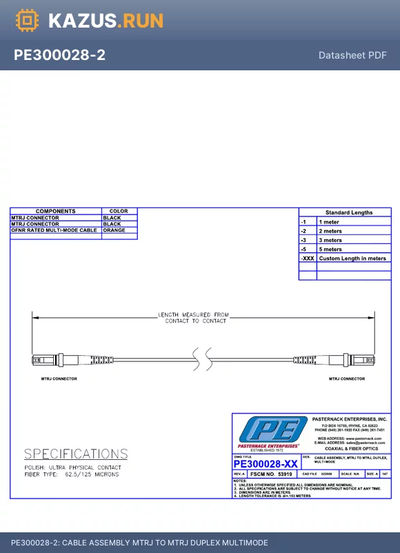 PE300028-2 datasheet - CABLE ASSEMBLY MTRJ TO MTRJ DUPLEX MULTIMODE