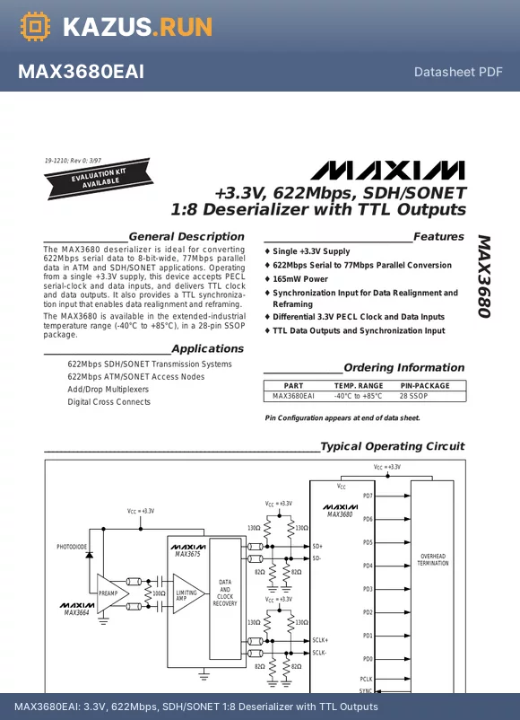 MAX3680 datasheet - 3.3V, 622Mbps, SDH/SONET 1:8 Deserializer with TTL Outputs