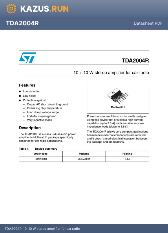TDA2004R datasheet - 10  10 W stereo amplifier for car radio