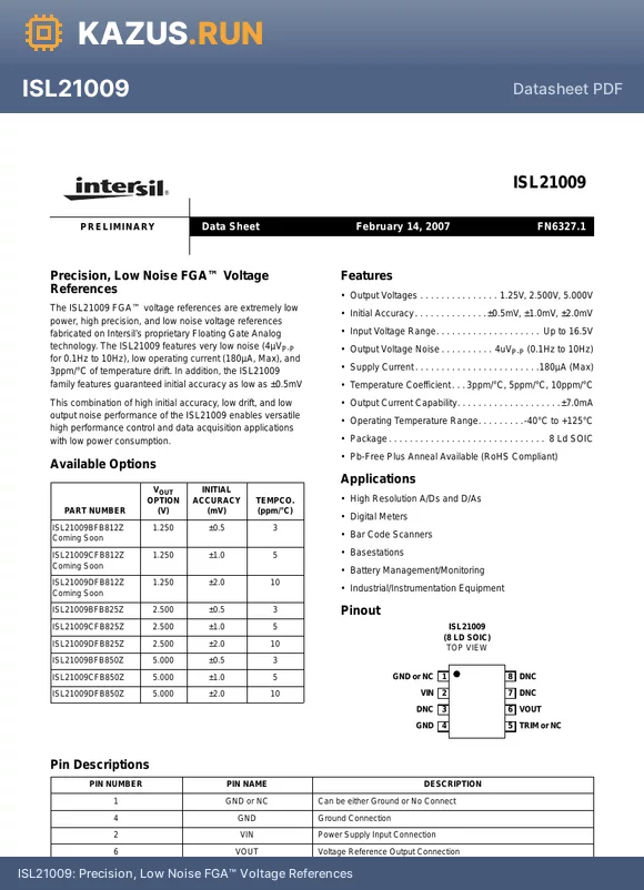 ISL21009CFB825Z-TK datasheet - Precision, Low Noise FGA Voltage References