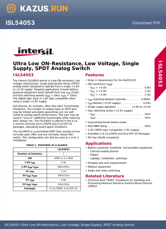 ISL54053IRUZ-T datasheet - Ultra Low ON-Resistance, Low Voltage, Single Supply, SPDT Analog Switch