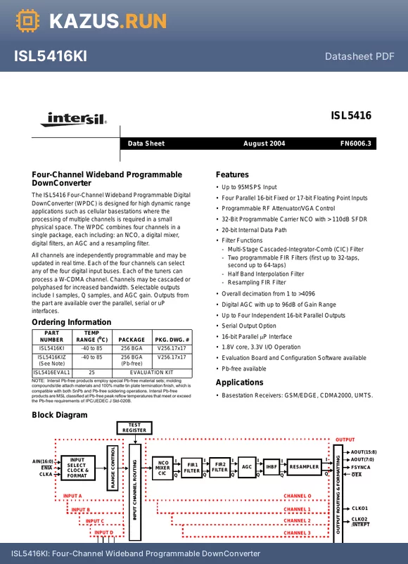 ISL5416 datasheet - Four-Channel Wideband Programmable DownConverter